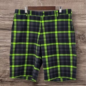 Nike Golf Flat Front Tech Shorts Black Green Plaid 452713-010 Size 36 Dri-Fit